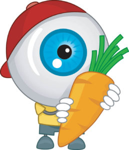 Cartoon graphic of an eyeball as a head to represent a child, holding a giant carrot.