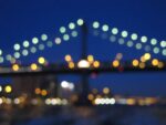 Blurry view of bridge with lights at night from point of view of someone with blurry vision.